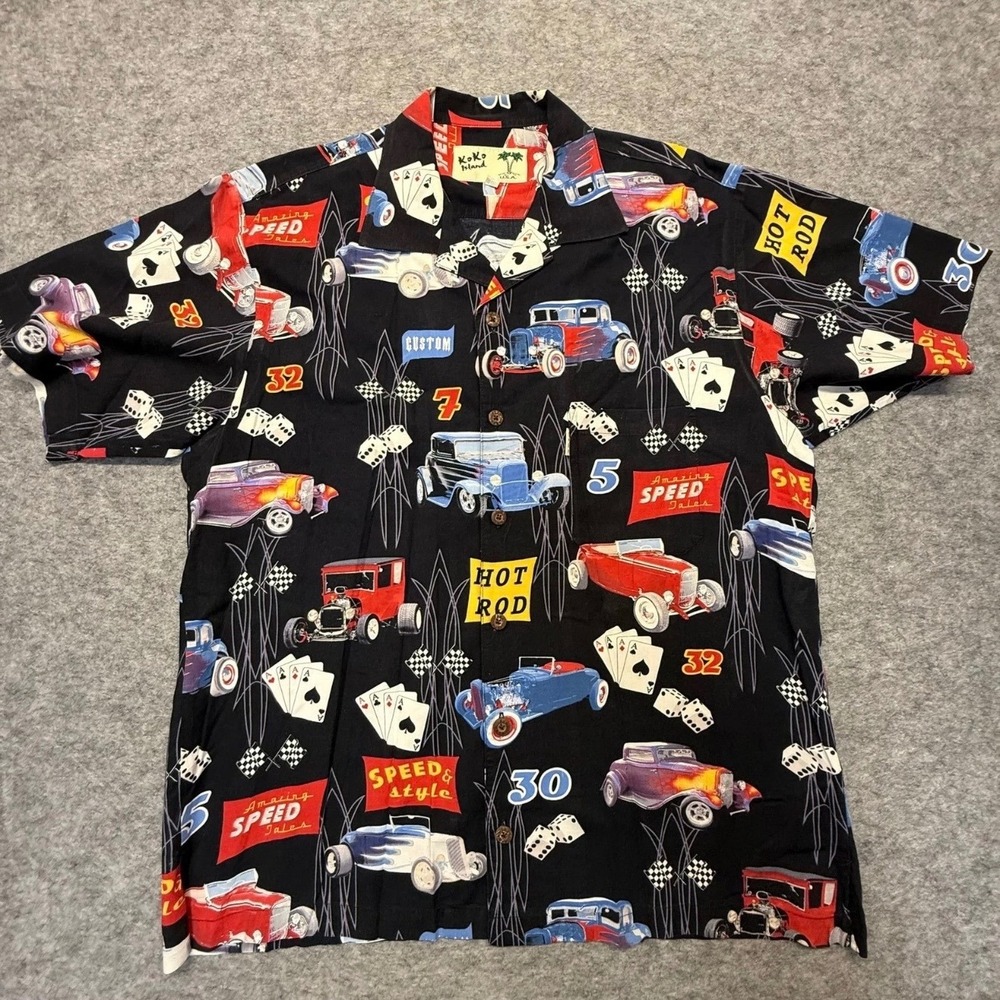 Koko Island Hot Rod Shirt Mens L Rockabilly Cotton Rayon Black Car Print